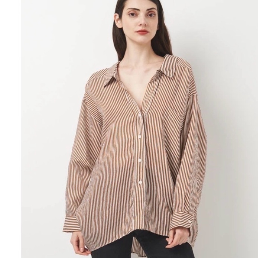 Zara Brown Beige Striped Button-Down Shirt oversized casual  sz S fits a M
